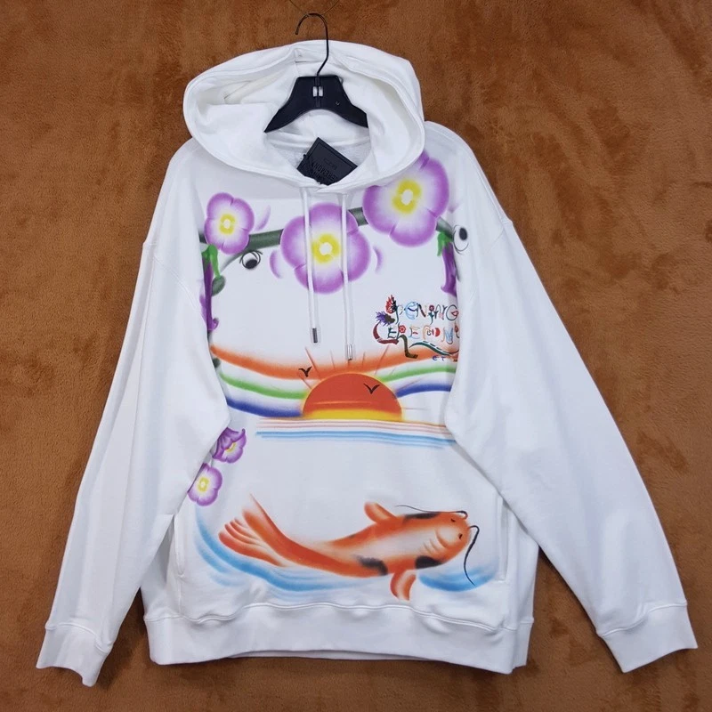 OPENING CEREMONY Big Hi Hoodie Large White Airbrush Koi Fish Floral Sunrise $520 - Image 1 of 4