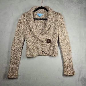 Aphorismus hellbraun beige creme Wolle Alpaka Mischung Wickel Knopf kurzer Pullover Kragen Gr. S - Bild 1 von 16