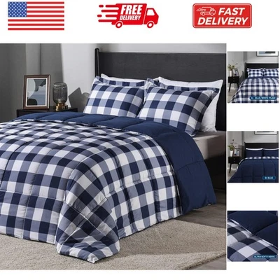 Juego de edredón a cuadros ligero King con 2 fundas de almohada - Juego de 3 piezas - Azul... Foto 1 de 4