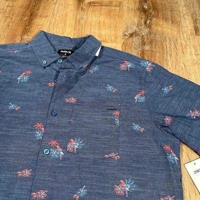 NUEVA Camisa Hurley OAO Estampado Elástico SS Para Hombres Pequeña Azul Marino Loro Floral EE. UU. Foto 1 de 4