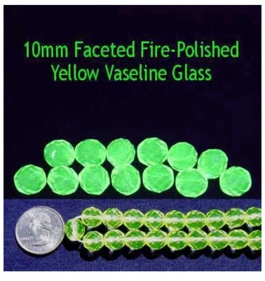 10 Pieces Czech VASELINE/URANIUM GLASS BEADS 10mm Round Faceted Fire-Polished