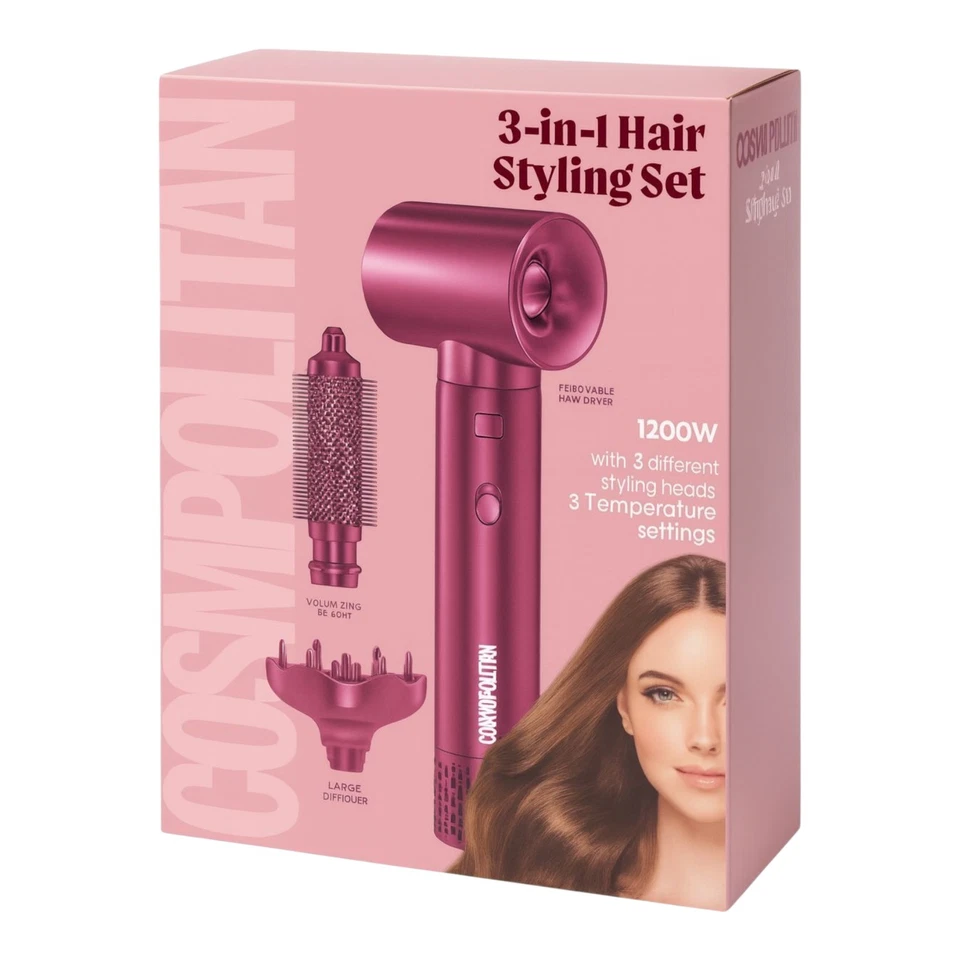 COSMOPOLITAN 3in1 Haarstyling Set Föhn 1200W Bürste Diffusor neu OVP"