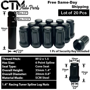 20x Black 1.4" Tall 12x1.5 Spline Tuner Wheel Lug Nut+Key Fit Honda Acura Model - Picture 1 of 5