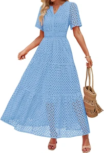 Women'S 2025 Summer Short Sleeve Maxi Dress Casual V Neck Hollow Out Eyelet Ruff - Picture 1 of 12