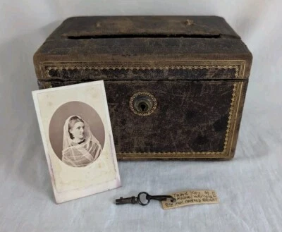 19thC Guilded Leather Ballot / Voting Box by W&J Milne, with Velvet Interior  - Image 1 of 4