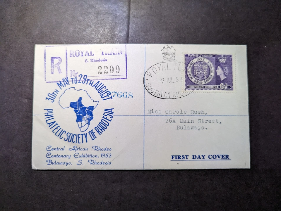 1953 Registrado Rhodesia Primer Día Cubierta FDC Royal Train a Bulawayo Foto 1 de 2