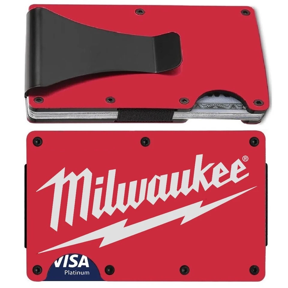 Custom Milwaukee Tool Mens Titanium Carbon Red RFID Blocking Engraved Wallet D7 - Image 1 of 4