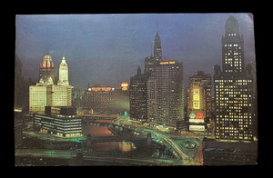 Chicago, Illinois, Chicago River and Wacker Drive, City View At Night, Post Card