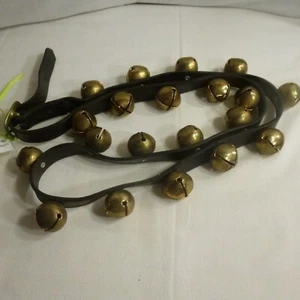 Antique - 20 Brass colored Sleigh Bells on Leather Strap w Buckle 60" long - EAC - Picture 1 of 3