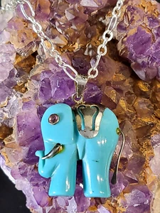 Ciondolo ELEFANTE pietra colore turchese intagliata argento 925 con collana occhio di rubino 18" - Foto 1 di 11