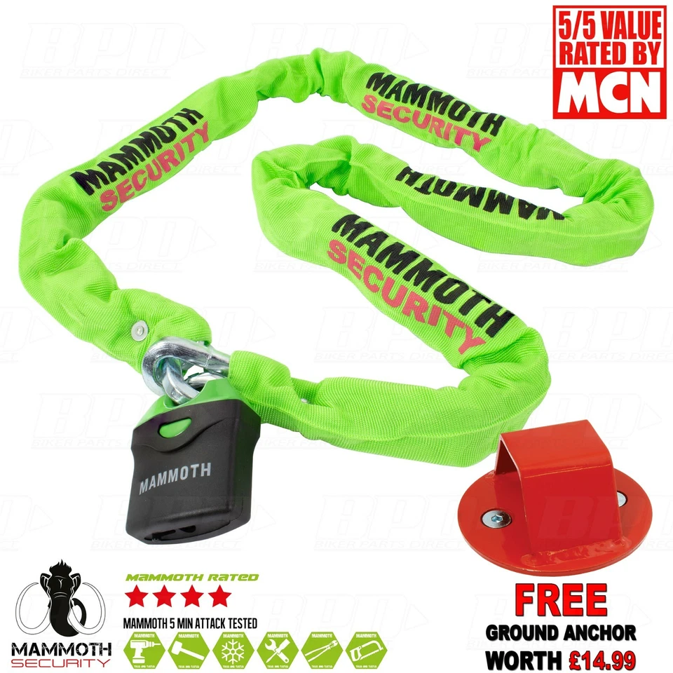 HEAVY DUTY MOTORCYCLE CHAIN AND PADLOCK MAMMOTH SECURITY 1.8M SECURITY BIKE LOCK - Image 1 of 4