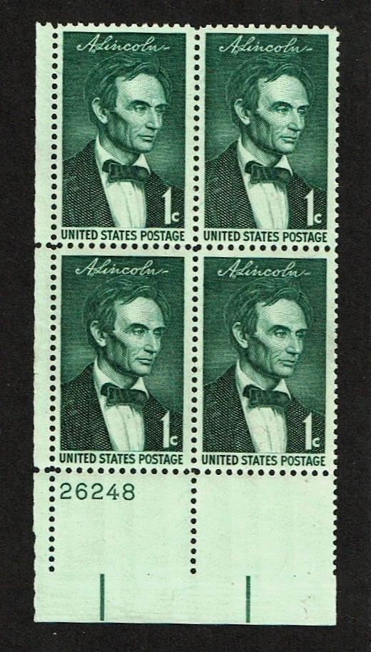 1958 U.S. Commemorative 1c LINCOLN BEARDLESS  Plt#Blk  Sc#1113  M/NH/OG GEM! - Image 1 of 1