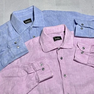 Neiman Marcus Button Up Shirt Mens Medium Linen Chambray Blue & Pink Lot of 2 - Picture 1 of 16