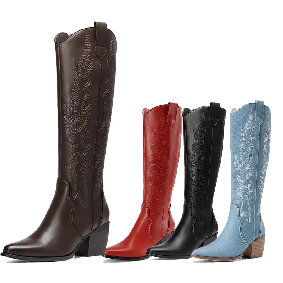 Mujeres Botas de Vaquero del Oeste Tacón Bajo Punta Retro Botas hasta la Rodilla Botas Altas Foto 1 de 4