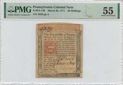 1771 March 20, 20s Pennsylvania Colonial Note FR#PA-149 PMG AU55 - Image 1 of 2