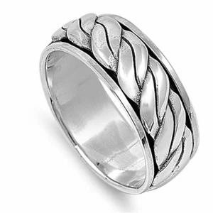 Men 9mm 925 Sterling Silver Band Oxidize Finish Braided Rope Spinner Ring - Picture 1 of 3