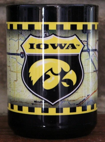 Iowa Hawkeyes Mug Map 15 Ounces Black NCAA License Coffee Hot Chocolate Logo Cover