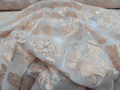 Blush Brocade Metallic Gold Flower Floral Fabric By The Yard White Organza - Image 1 of 4