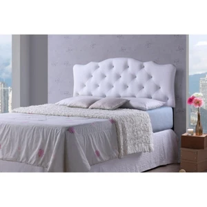  Queen Size Headboard White Faux Leather Scalloped Tufted Adjustable Legs Modern - Picture 1 of 12
