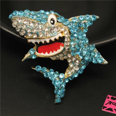 Blue Cute Bling Shark Rhinestone Fashion Women Charm Brooch Pin Gift - Image 1 of 4