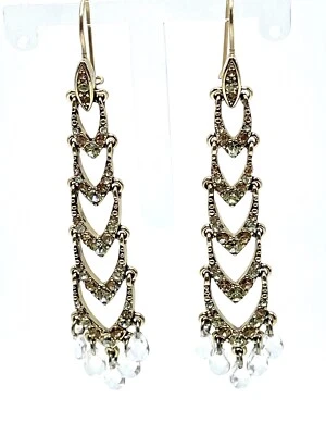 Liz Claiborne Gold Chevron Crystal Drop Dangle Tassel Statement Earrings VTG - Image 1 of 4