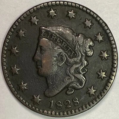 Moneda de centavo grande con cabeza de corona de fecha ancha pequeña de 1828 muy fina #12539 Foto 1 de 3