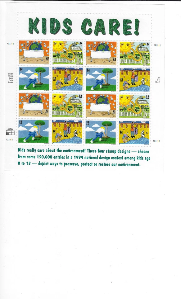 US Stamps/Postage/Sheets Sc #2954 Kids Care Earth Day MNH F-VF OG FV $5..12 - Image 1 of 1