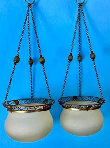 PARTY LIGHT PARIS RETRO HANGING CANDLE HOLDER FROSTED GLASS GLOBE /W BEADS SET 2 - Picture 1 of 8