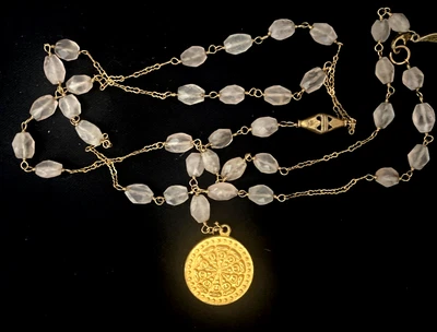 Vintage Buddhist Dharma Wheel Gold Tone Pendant Rose Quartz Beads Necklace - Image 1 of 4