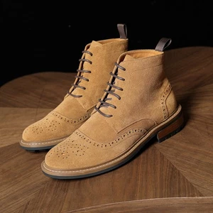 Mens Suede Leather Brogue Boots Brown Workwear New Leather Casual Lace Up Boots - Picture 1 of 19