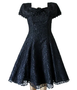 Vintage Womens 80s Black Lace Fit & Flare Dress UK 10 12 Sweetheart Netted Party - Picture 1 of 11