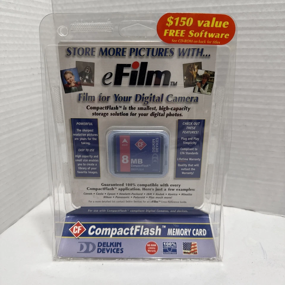 New Delkin 8 MB CompactFlash Card DDCFFLS2-8 + Digital Imaging Software Pack - Image 1 of 4