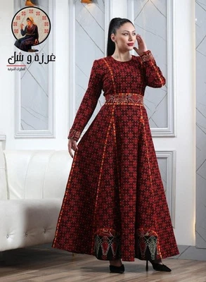 Kaftan rojo tradicional de manga larga TATREEZ completo Thobe bordado para mujer - Imagen 1 de 3