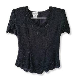 80s Stenay Petite Black Bead Silk Top PS Mob Wife Maximal Cocktail Holiday NYE - Picture 1 of 15