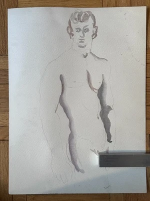 Vintage 1940s Academic Watercolor Painting Muscular Man Male Gay Int 14 x 20 - Image 1 of 4