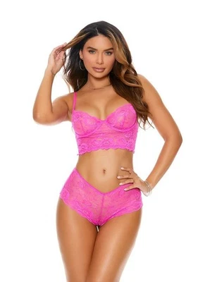 Elegante conjunto de sujetador de encaje Longline rosa neón Moments Foto 1 de 2