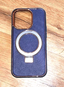 NEW iPhone 15 Plus Case w/ Magnetic Invisible O-Ring Stand Blue with Gold Trim - Picture 1 of 9