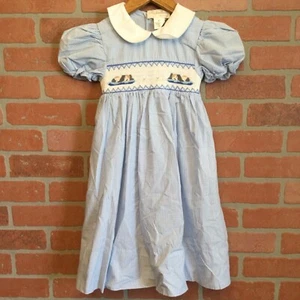 Vintage Rosalina Collections Girls Dress Blue Gingham Size 4T Tie Back Dog Theme - Picture 1 of 10