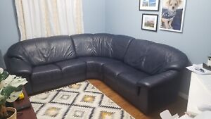 Natuzzi Italia Navy Blue Genuine Leather Sectional Couch