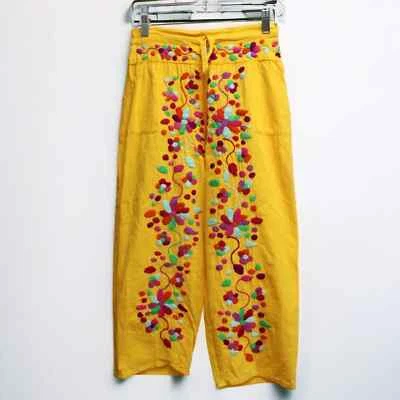 Vintage - Bright Yellow Orange Linen Capri Pants w Heavily Embroidered Front Foto 1 de 4