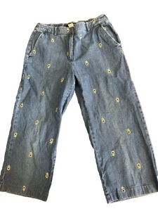 Vtg Sunflower Floral Embroidered Crop Capri Jeans Denim Cropped 90s 30 Large - Picture 1 of 5