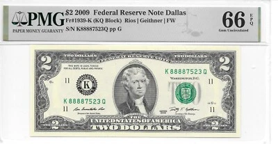 2009 Dallas $2 FRN Lucky Money KQ Block PMG 66 EPQ Gem Uncirculated (K88887523Q) - Image 1 of 2