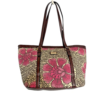 Bolso Tote de Lona Floral Rosa Tommy Hilfiger con Acentos de Cuero Marrón 17"x10"x5" EUC- Foto 1 de 4