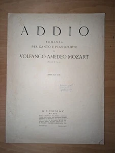 Spartito Antico Mozart ADDIO Romanza Canto e Pianoforte Ricordi - Picture 1 of 4