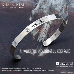 925 Silver Rune Cuff Bracelet✔️Viking Compass Bangle✔️Custom Engraved - Picture 1 of 16