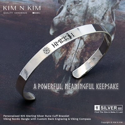 925 Silver Rune Cuff Bracelet✔️Viking Compass Bangle✔️Custom Engraved - Image 1 of 4