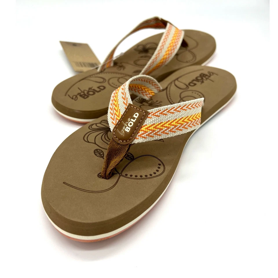 Orange/Beige Striped Boho Woven Strap Flip Flops - Durable, Comfort - like REEF - Image 1 of 4