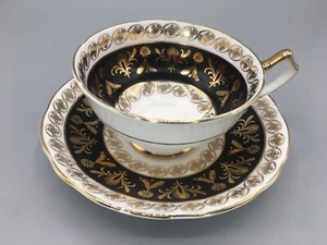 Unusual Salisbury Bone China Black Paneled Teacup & Saucer Gold Gilding Vintage - Picture 1 of 16