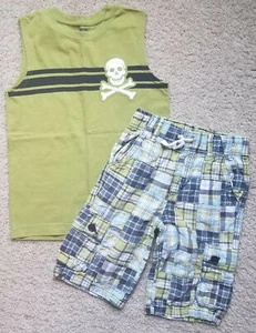 GYMBOREE Boys Sz 7 Skull and Crossbones Sleeveless Tee & Plaid Shorts ~  - Picture 1 of 4