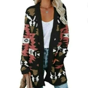 Tribal Western Boho Print Black Pink Oversized Cardigan Lightweight Coat Size M - Picture 1 of 16